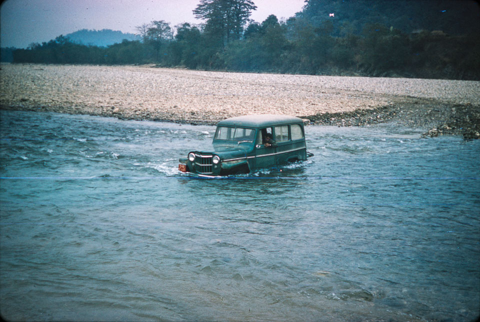 USAID jeep crossing the Rapti River near Bhalu Khola | 1967. Photo by Dave Hohl,  Nepal Photo History Project